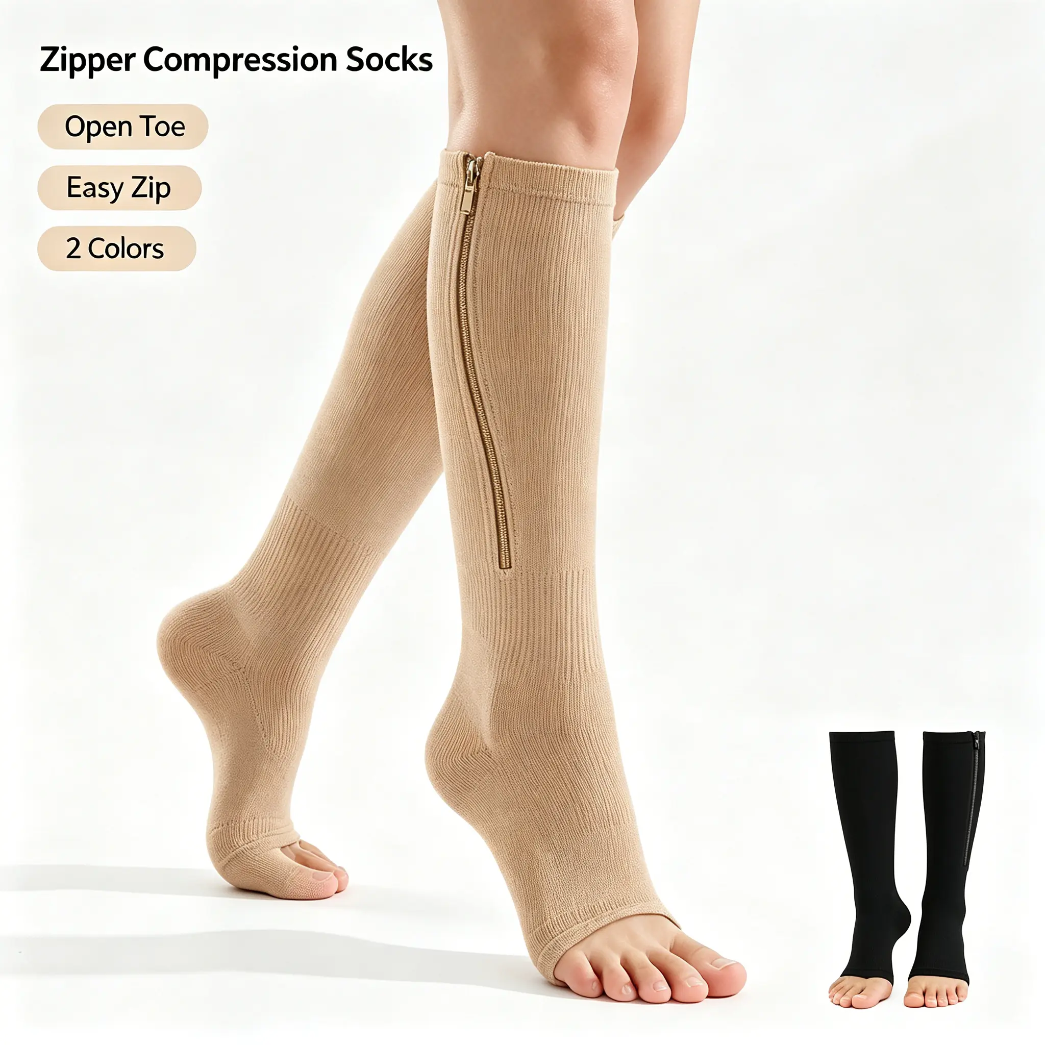 2 Pairs Open Toe Zipper Compression Socks for Women and Men, 20-30 mmHg Toeless Calf Compression Stockings with Side Zipper for Running, Travel, Work, Nurse