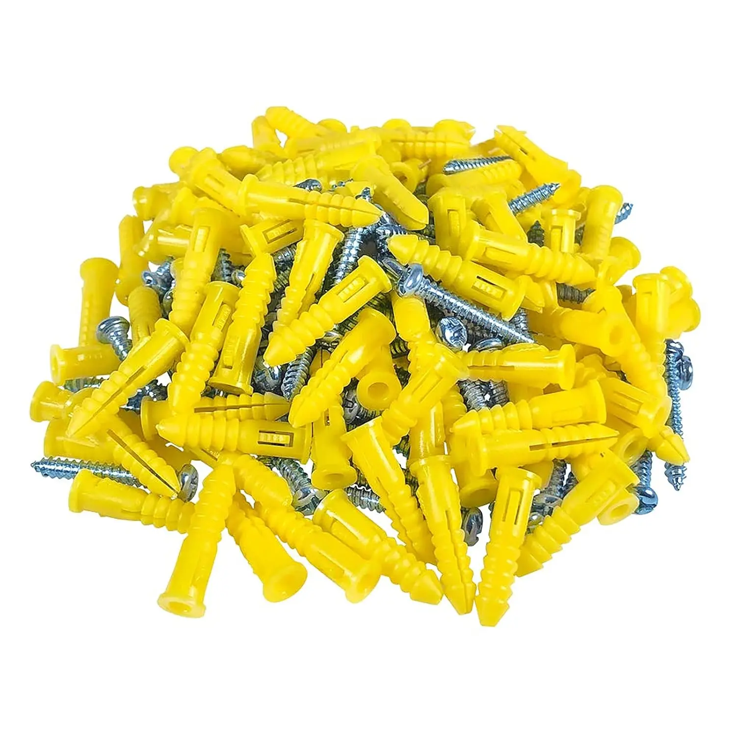 Ribbed Wall Anchors #4-#6 7/8-Inch with Screws 100-Pack, Yellow, Plastic Anchor for Drywall/Concrete, Pan  Phillips Screw Included