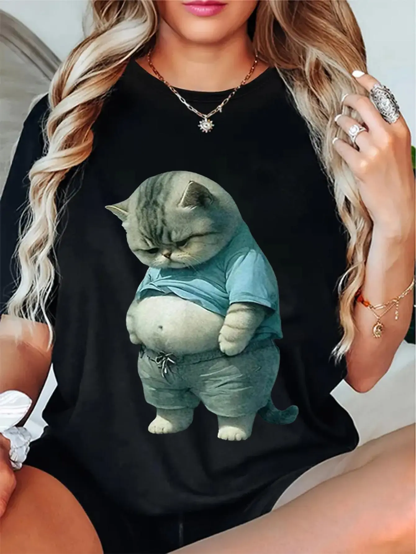 100% Cotton Unisex Funny fat cat - big belly cat - big cat cute T-Shirt Casual Graphic Printed Tee