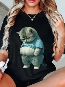 100% Cotton Unisex Funny fat cat - big belly cat - big cat cute T-Shirt Casual Graphic Printed Tee