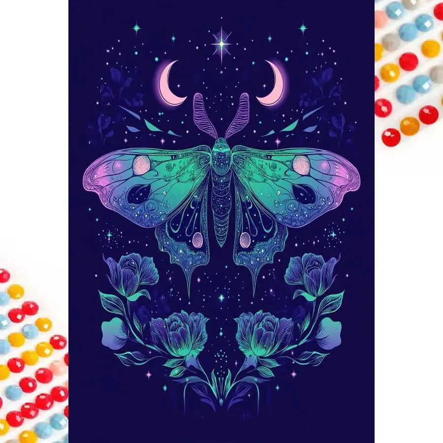 5D DIY Full Drill Round Diamond Painting - Diamond Painting Kit Moth, Moon Mosaic Canvas DIY Wall Art, Home Wall Decoration