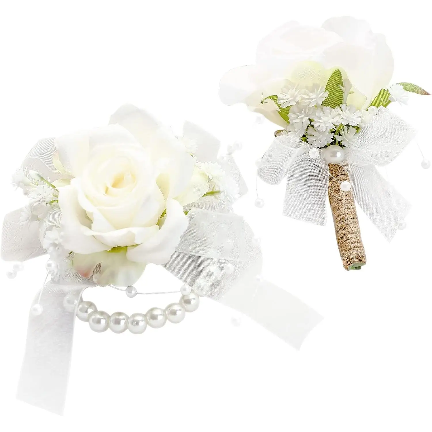 Ivory Rose Bridal Wrist Corsage Bracelet Wristlet Band & Men’s Boutonniere Set, Wedding Flower Accessories for White Weddings, Prom Suits, Flower Accessories For Weddings
