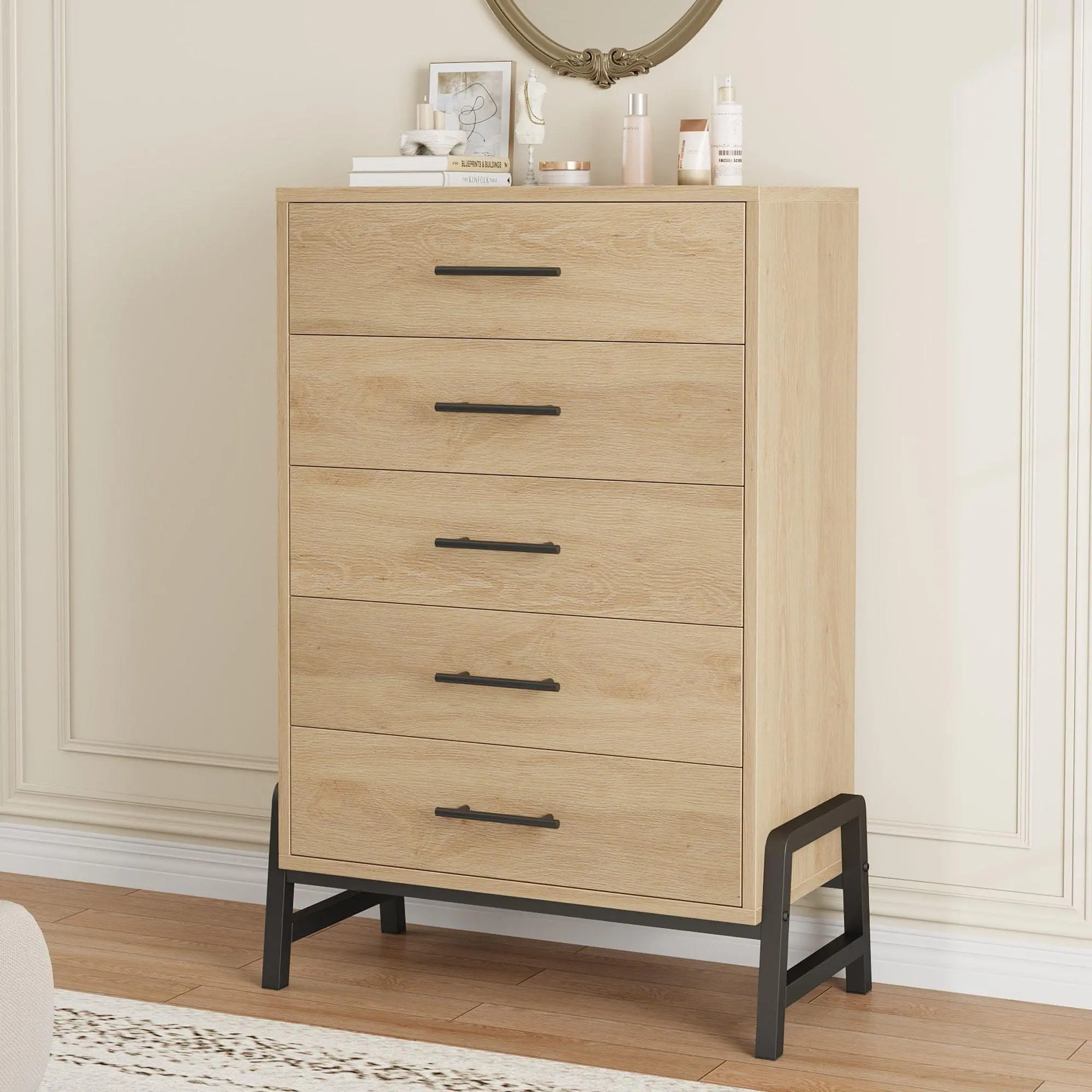 5 Dresser for Bedroom, 50.5 in Tall Drawer with Large Storage Space, Freestanding Wooden Closet Storage Dresser Chest for Living Room, Bedroom, Entryway, Natural Oak