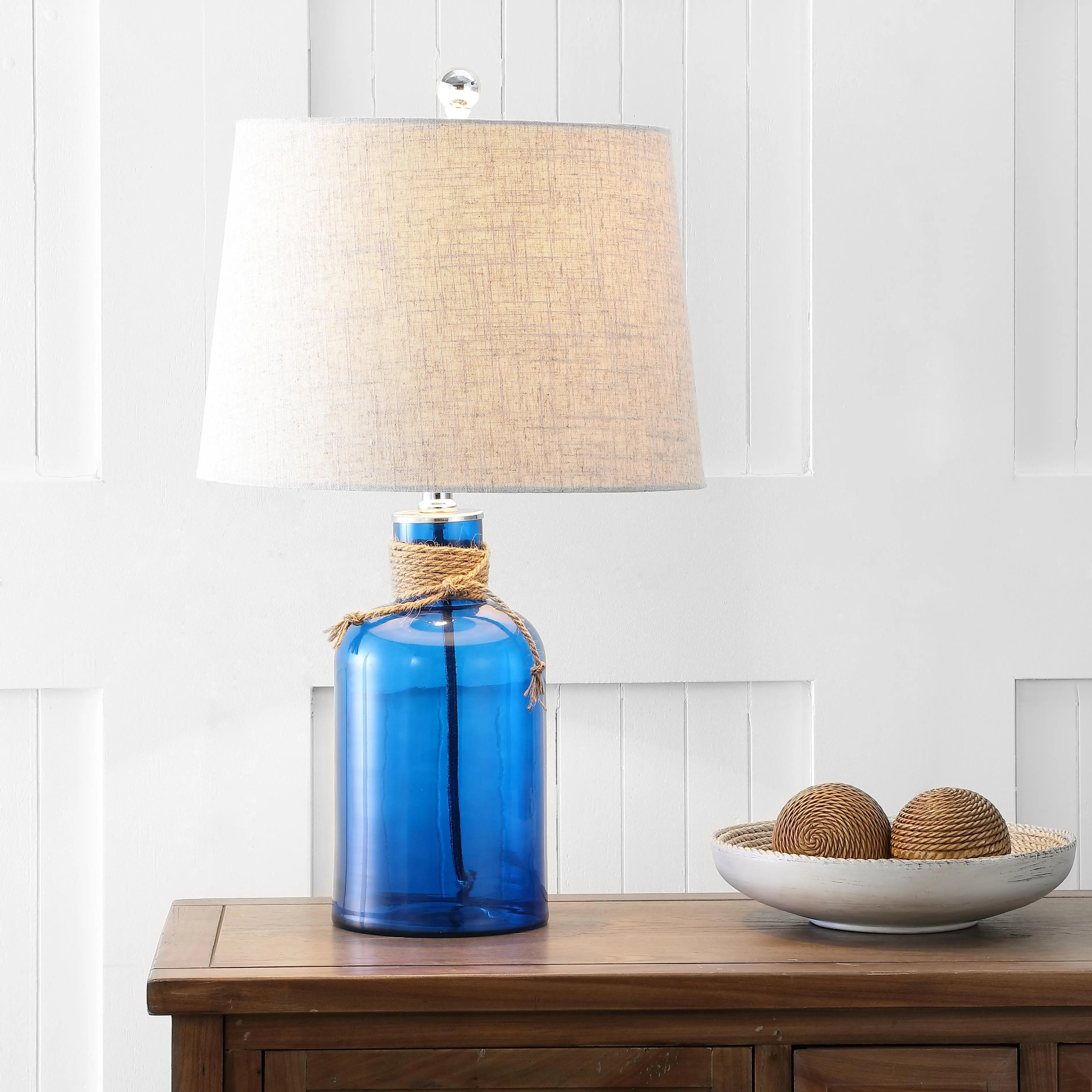JONATHAN Y Azure 23.5" Glass Bottle LED Table Lamp, Cobalt/Natural | Nautical Rope Accent, Gray Linen Drum Shade, Mediterranean Coastal Style, Metal Finial, Bulb Included
