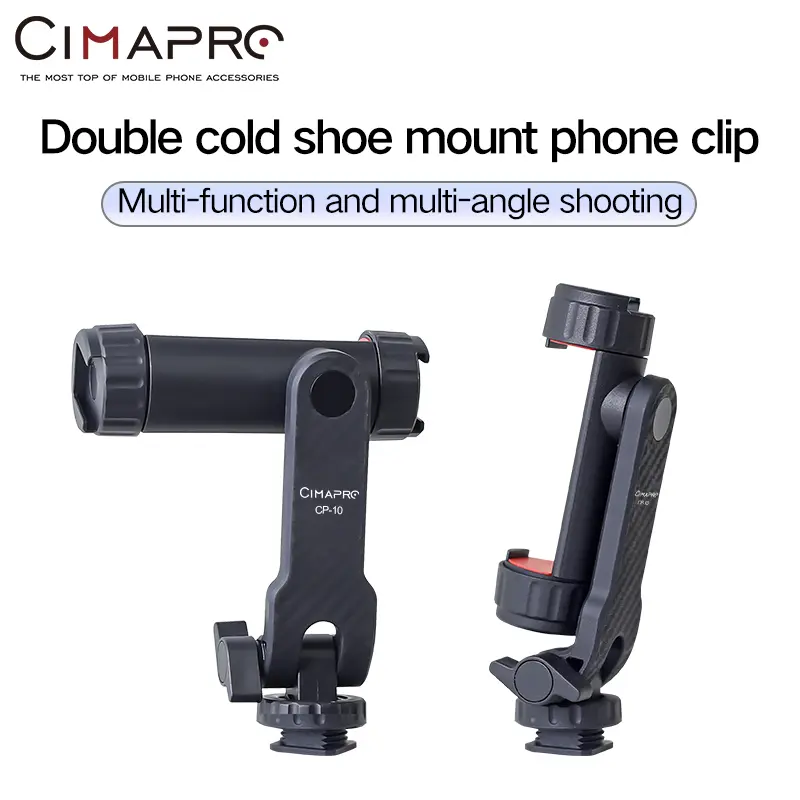 XILETU Phone Clamp with Dual Cold Shoes, Adjustable Phone Mount for Tripods, 1/4"-20 Thread, Fits iPhone & Tablets