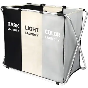 135L Laundry Cloth Hamper Sorter Basket Bin Foldable 3 Sections with Aluminum Frame 26''*24''H Dirty Clothes Bag for Bedroom Home Basket (Black+light grey+dark grey, 3