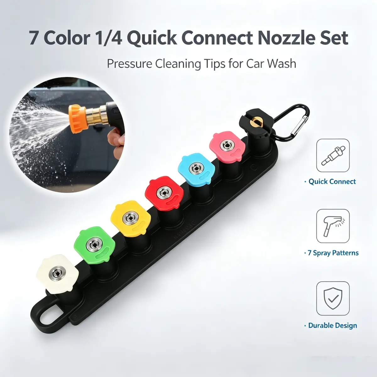7 Pack Pressure Washer Spray Nozzle Tips with Holder Storage, 1/4 Inch Quick Connect, Multiple Spray Degrees, Color Nozzles for Power Washer, Car Washing, Patio & Outdoor Cleaning