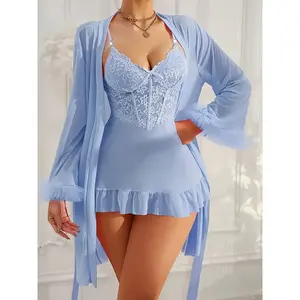 Sexy European & American Women’s Lace Nightdress – Elegant Halter Dress with Mesh Outer Robe, Solid Color Loungewear Set