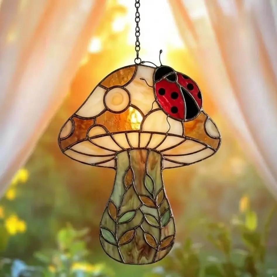 Mushroom Suncatcher Window Decor, Stained Glass Look Mushroom Hanging, Cottagecore Gift for Friends