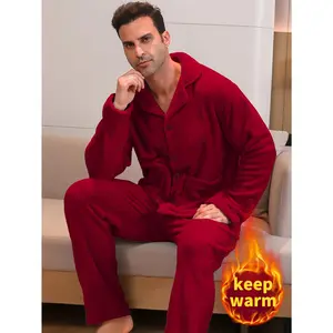 2 Pcs Men's Solid Thickened Plus Velvet Lapel Long Sleeve & Trousers Pajama Set - Comfortable & Skin-friendly Style - Cozy Loungewear for Men - Perfect for Winter & Relaxation - Ideal Gift for Him