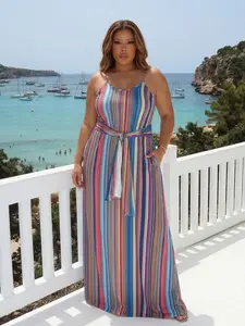 Plus Size Rainbow Stripe Cami Maxi Dress, Sleeveless Belted Pocketed Striped Long Dress, Casual Bohemian Loose-Fitting Summer Vacation