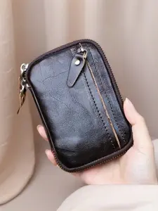 Retro Genuine Leather Key Wallet Men Portable Storage Car Keychain Chain Cover Zipper Housekeeper Keys Holder Bag Card Organizer