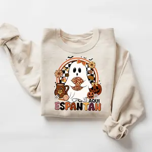 Aqui Espantan Ghost Sweatshirt for Halloween Spooky Conchas Mexican Ghost Tshirt Unisex Size Loose Fit 50% Cotton 50% Polyester Cute Spanish Halloween Crewneck