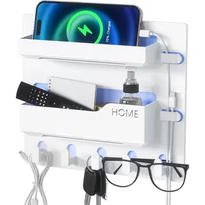 Bedside Shelf Wall Mount, Adhesive Bedside Shelf Accessories Organizer with Hooks and Cable Clips,Dorm Bedside Wall Storage for Phone, Remote, Earphone, Kindle,Plastic (5 Hooks Style)