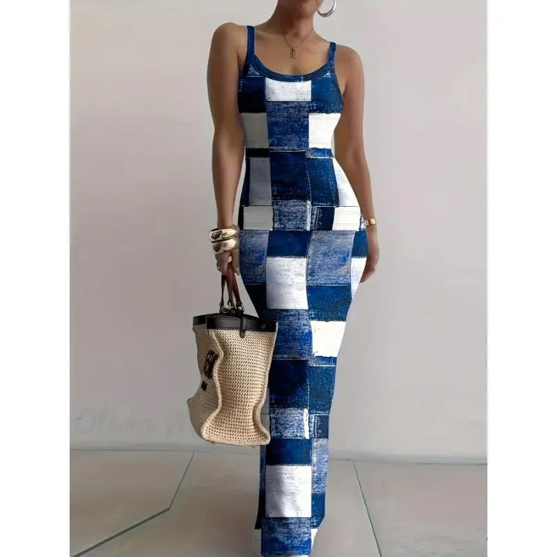 blue and white patchwork dress Presley Patchwork Floral Swing Dress – The Swank Company main image 1
