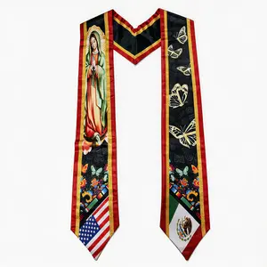 Virgen de Guadalupe Graduation Stole 2025/2026 - Mexican Black Sash with Butterflies & Gold Trim Cultural Pride Satin Fabric Shawl