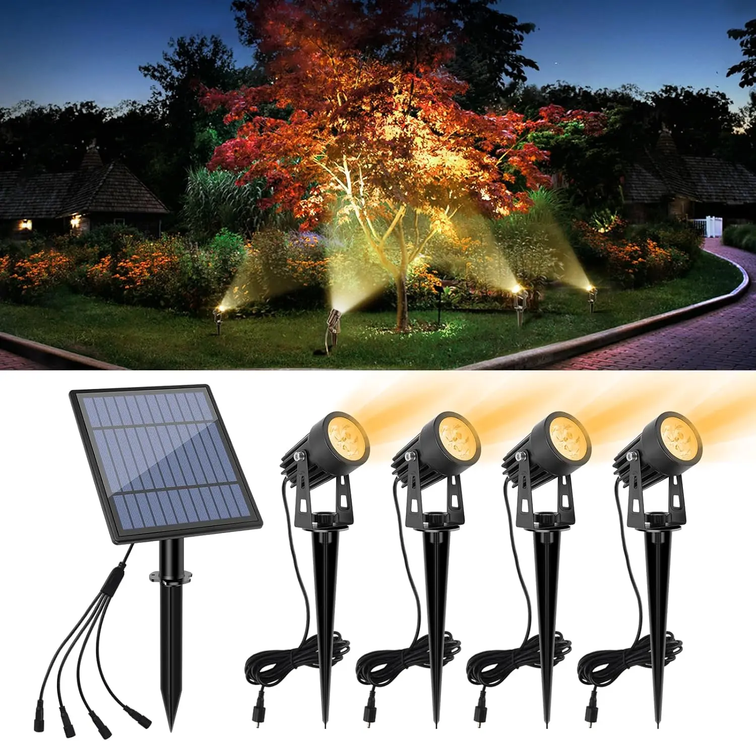 Metal Solar Spot Lights Outdoor with 9.8ft  Solar  Landscape Lighting Low  IP65  Auto On/Off for Outside Garden Yard Landscape Pathway Garage-Warm White(4-in-1)
