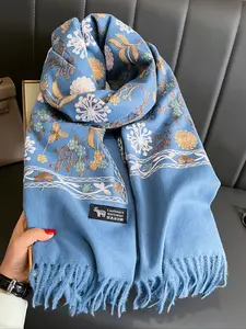 Women Boho Fitted Scarf, Plant Print Design, Fall & Winter Fashion Accessory, Warm Comfortable Wrap for Daily Wear, Floral Embroidered Scarf