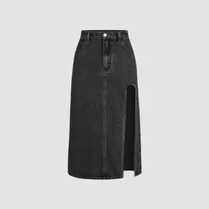 Cider [4 colors, size 0-26] Denim Solid Split Midi Skirt