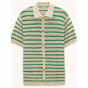 Men's Spring/Summer Fashionable Short-Sleeve Knitted Cardigan with Button-Down Collar, Featuring Color-Blocked Stripes