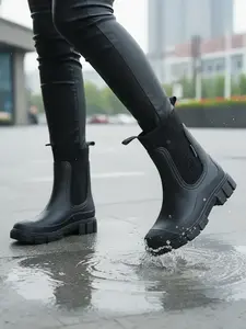 Women's Solid Color Waterproof Rubber Rain Boots, Mid-Calf Chelsea Style, Anti-Slip Round Toe, Knitted Elastic Cuff, Easy on and Off, Outdoor Activities, Shoe