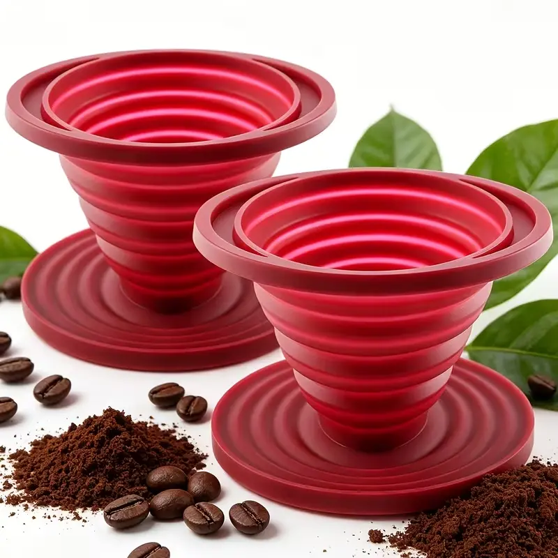 2pc Collapsible Pour Over Coffee Dripper - Portable, Reusable Silicone Coffee Filter Cone for Camping, Hiking, Backpacking, Home, Office - Durable & Easy-Clean Design, Camping Essentials, Compact Design, Backpacking Gear
