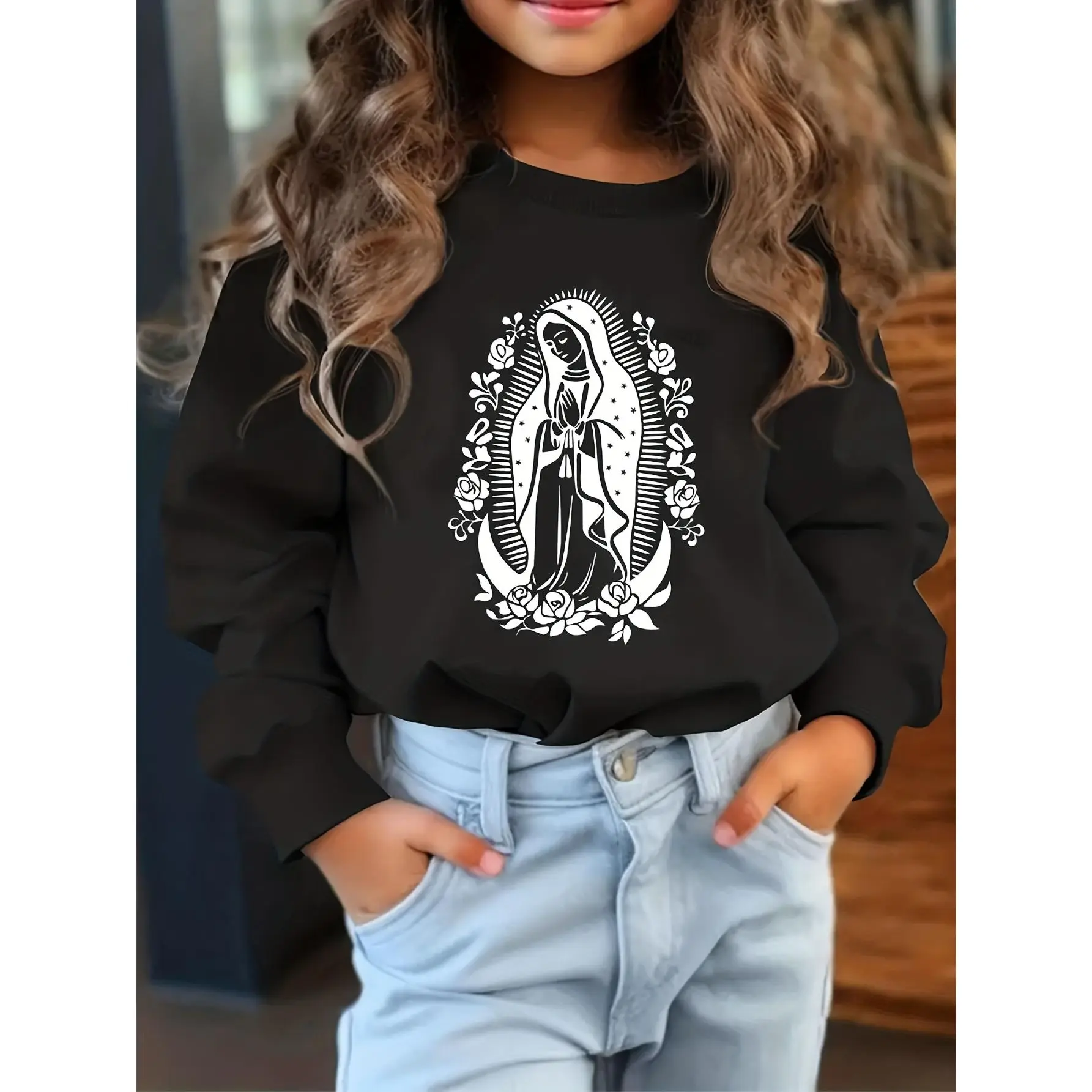 ' Catholic Icon Our Lady of Guadalupe Print Sweater - Black Long Sleeve Crewneck Pullover with Spanish Text-Free & Roses Design, Machine Washable Winter Warmth for, Church & Mexican Heritage Apparel