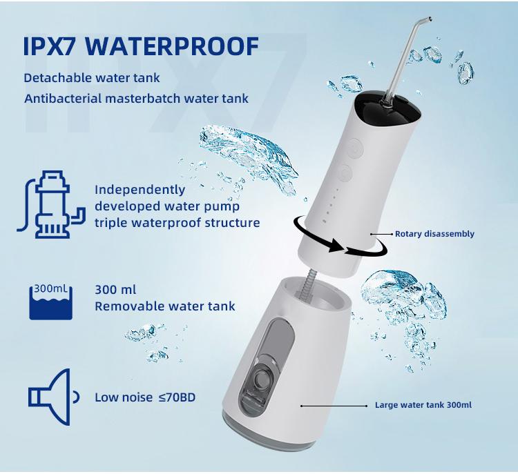 Water Flosser: Rechargeable, oral irrigator, IPX7 waterproof, portable wireless oral irrigator, 300 ml, 5 nozzles, multiple modes, suitable for braces wearers, removes plaque, dental cleaner for home and travel