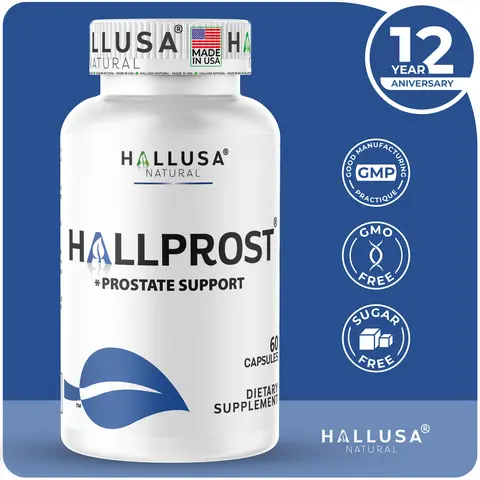 HALLUSA NATURAL Hallprost Prostate Dietary Supplements (60 Capsules) - Sugar-Free, Gluten-Free, with Saw Palmetto, Pygeum Africanum, Pumpkin Seed Oil, Zinc, Vitamin E, Magnesium, Botanical Extracts for Nocturia Relief & Men's Health