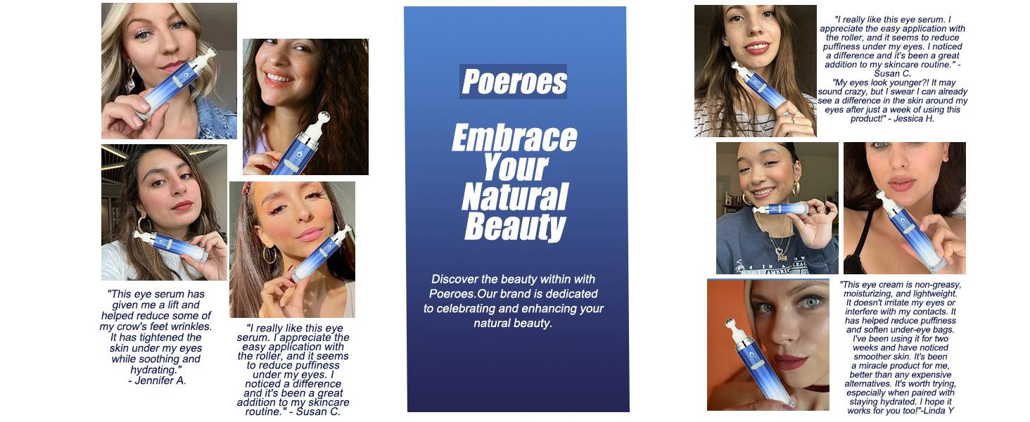 POEROES Caffeine Eye Serum & Cream Roller with 360° Massage Ball - Sensitive Skin Hydrating Moisturizer, Dark Circles Treatment, Barrier Repair for Puffiness, Wrinkles, Fine Lines (Hyaluronic Acid Blend)