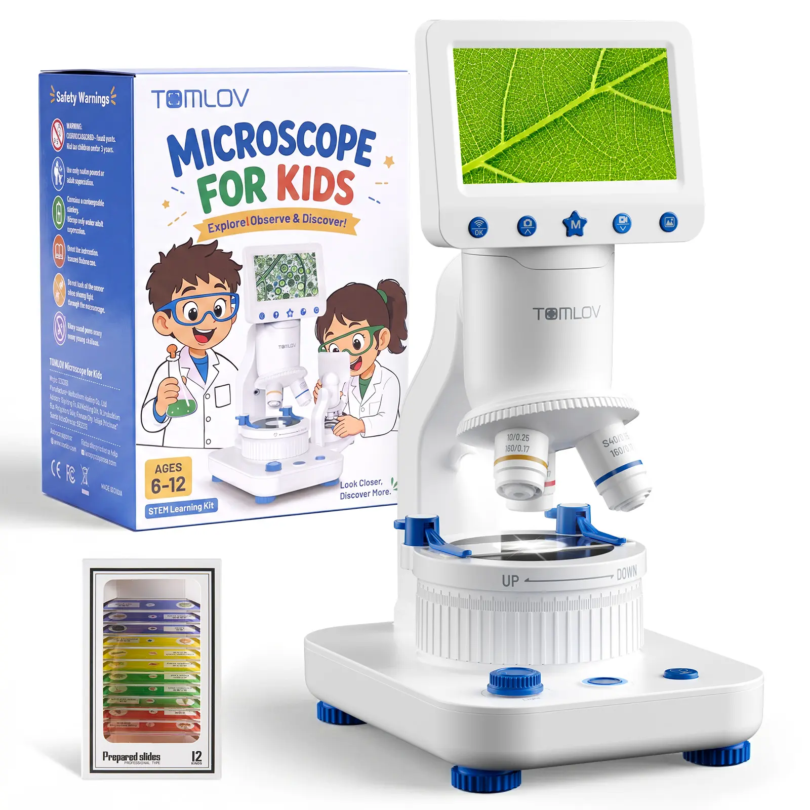 TOMLOV DM302K Microscope for Kids, 800X Science Kit, 4.3" Screen STEM Toy, 12 Prepared Slides, Easy Focus, Beginner-Friendly, Wireless Phone Sharing, USB PC Display, Photo & Video, Dual LEDs, Age 6-12