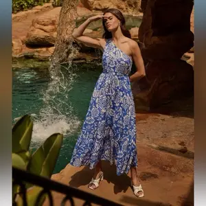 SugarLips Marny Floral Elya One Shoulder Maxi Dress Blue White