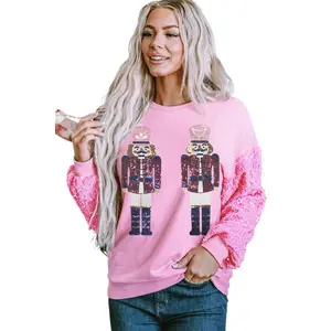 Women's Pink Nutcracker Graphic Sequin Patchwork Long Sleeve Top - Festive Holiday Fashion