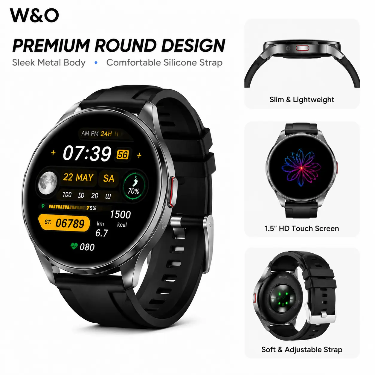 W&O X5 Pro+ Smart Watch for Men Women with Bluetooth Calling, 100+ Sports Modes Fitness Tracker, Heart Rate & Sleep Monitoring, Smart Notifications, 1.5" Touch Screen, Compatible with iPhone Android Phones