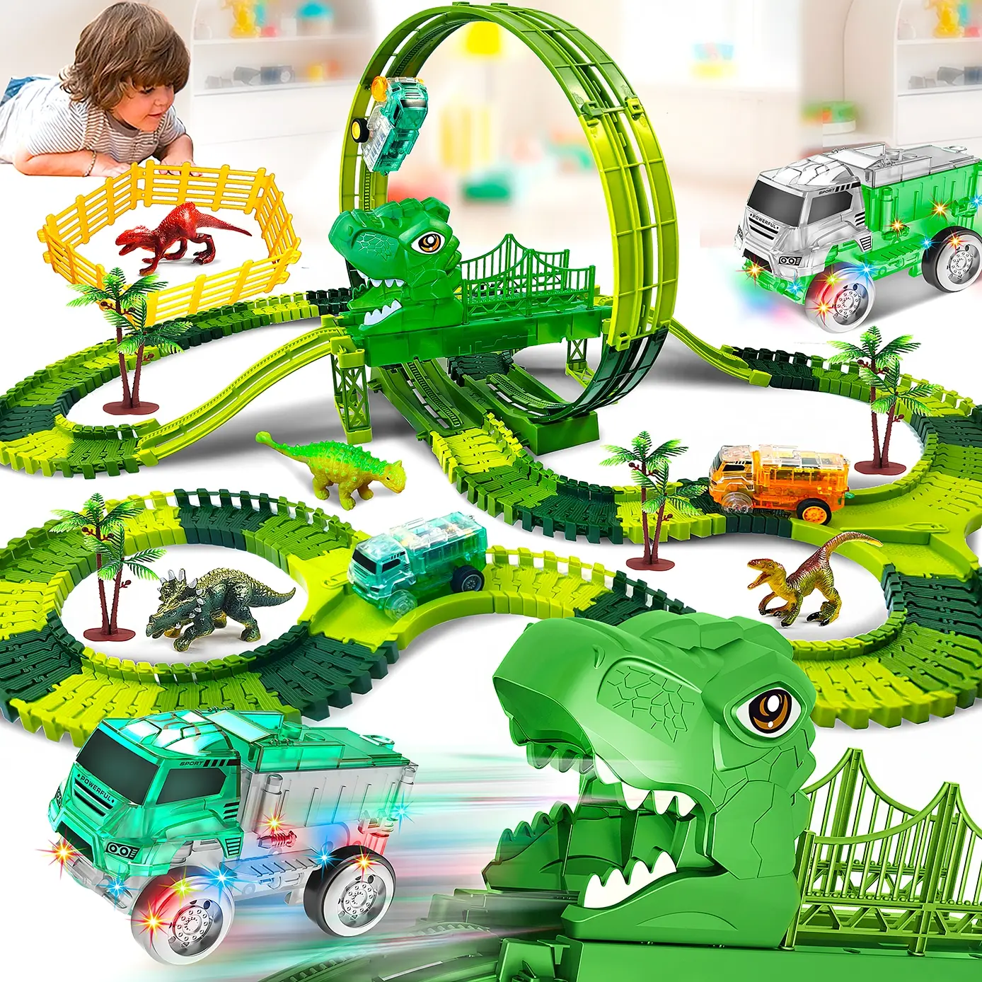 Dinosaur LED Light Track Engineering Car Toy Truck Create Dino World Road Race, Flexible Bendable Track, Flexible Game Tracks, High-Quality Kids Gift,Electric Rail Car Self Provided 2AAA Batteries.Not Include Battery