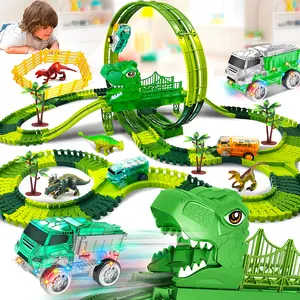 Dinosaur LED Light Track Engineering Car Toy Truck Create Dino World Road Race, Flexible Game Tracks, High-Quality Kids Gift,Electric Rail Car Self Provided 2AAA Batteries.Not Include Battery