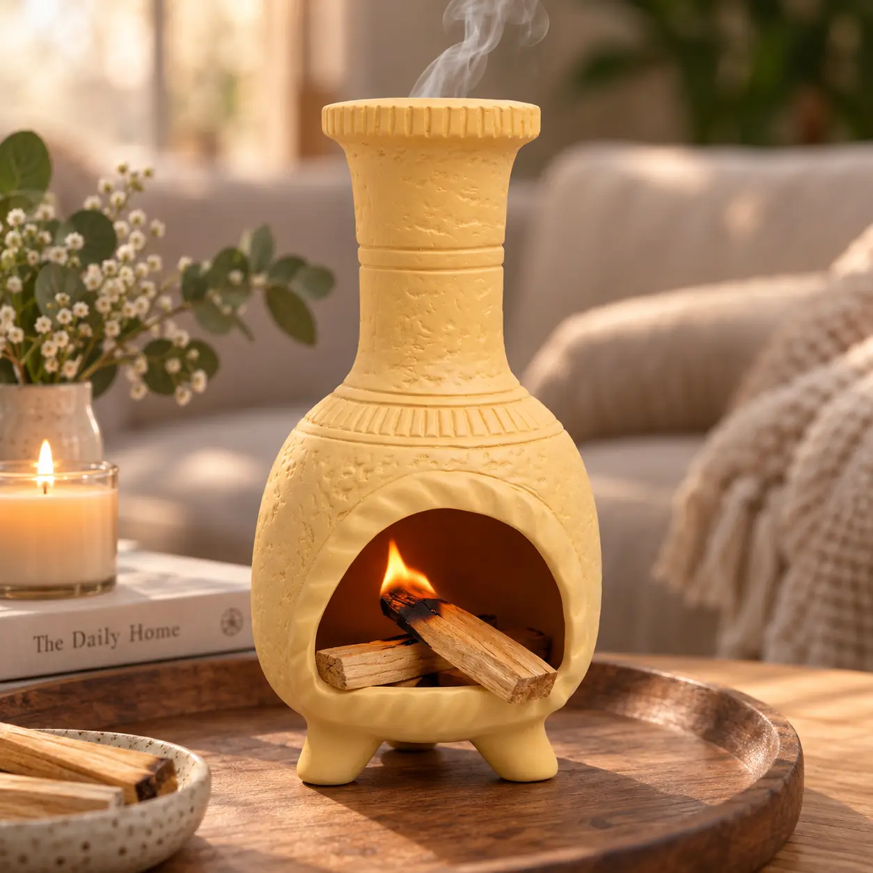 MOUGIGI Handmade Ceramic Palo Santo Holder, Chiminea Incense Burner for Sage, Incense Cones & Candles, Decorative Smudge Bowl for Meditation & Home Decor