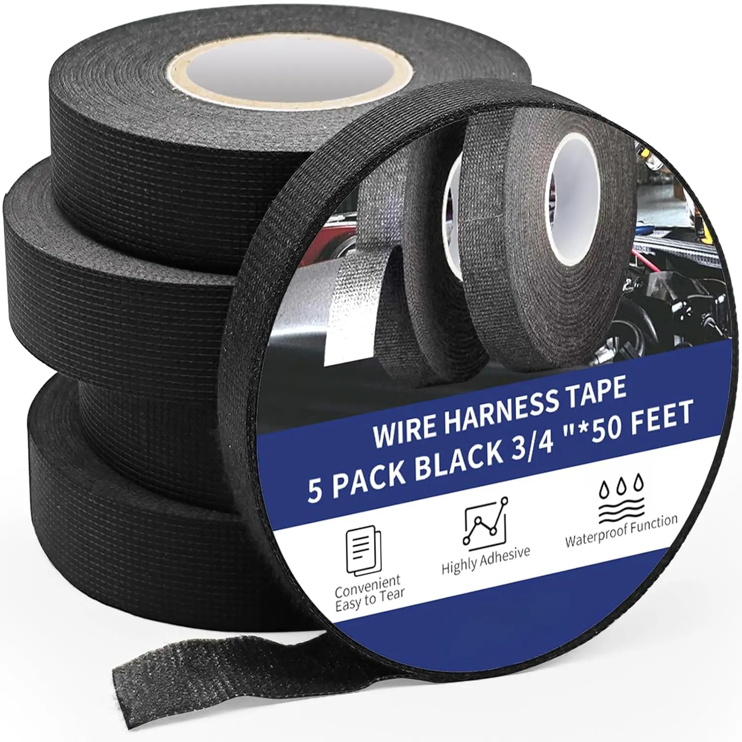 5 Rolls 3/4 Inch x 50 FT Wire Harness Cloth Electrical Tape, Wire Loom Tape Wiring Harness, Automotive Heat Proof Cloth Tape for Automotive Electrical Wrap, Protection Insulation Fixed
