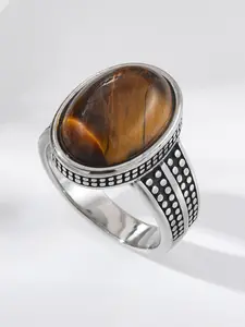 Natural Tiger Eye Men's Ring, 316L Stainless Steel Band, Oval Cut, Highlight Natural Texture Beauty