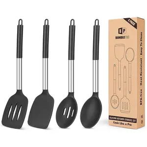 Pack of 4 Silicone Cooking Utensils Set, Non Stick Large Solid Spatulas, Heat Resistant Black Slotted Spoons, Ideal BPA Free Kitchen Turners for Frying, Mixing, Serving, Draining, Turning, Stirring
