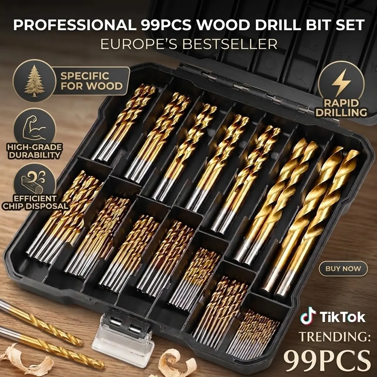 99pcs Mixed Multi Drill Bit Set Drill Bit Kit 1.5 to 10mm HSS Titanium Coated, Masonry & Brad Point Steel Bits for Metal, Woods, Plastics, Brick and Concrete Complete in a Box Case, Spiral Drill Bit