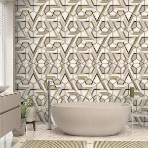 A roll of white gold border imitation grid line wallpaper, simple and fashionable modern style waterproof Self Adhesive Wallpaper, suitable for decorating living room, bedroom, bathroom walls, TV background walls, cabinet surface decoration stickers
