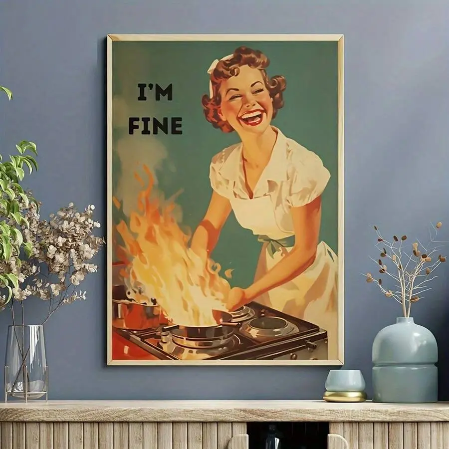 Unframed 50s Retro Humor Wall Art Print - Sarcastic "I'm Fine" Housewife Burning Kitchen Poster, Multi-Size Rectangle, 20 × 30 Inches/24×36inch(60×90cm), Wardrobe/Kid Room Home Decor, Fade-Resistant Gift for Home Enthusiasts
