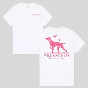 Women's Short-Sleeve Classic Round Neck Cotton Pink Camo Hunting Dog Graphic T-Shirt, Daily Casual Top by Wild Southern Outfitters - KitchenEra
