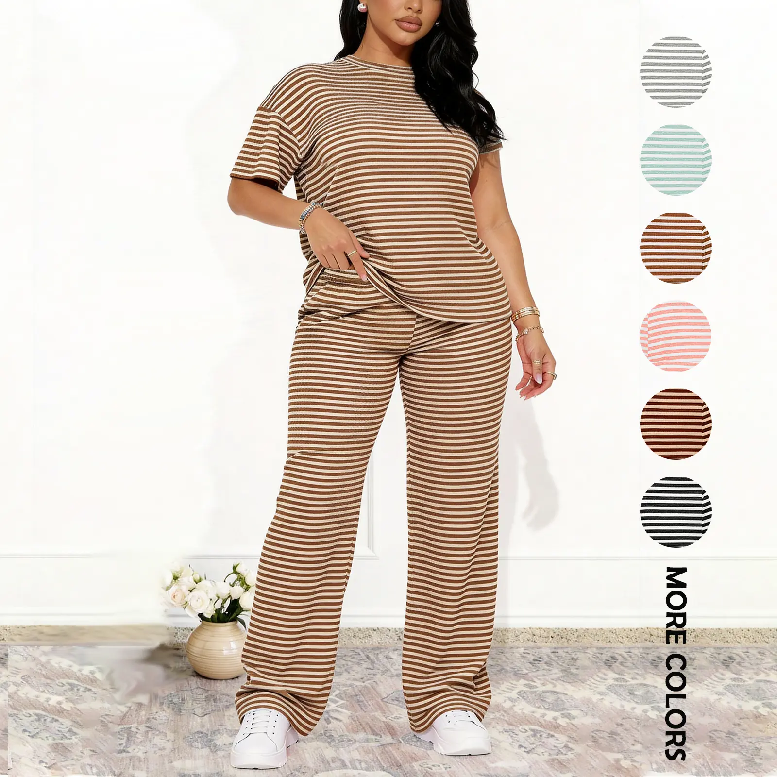 Women's New Striped Spring-Summer Set: Lightweight Breathable Fabric with Classic Stripes & Straight Leg Pants, Your Go-To Warm-Weather 2-Piece Womenswear Womenswear Womenswear summerwins