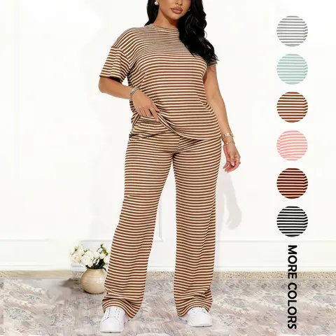 MOEENCN Women's 2-Piece Round Neck Striped Matching Set, Lightweight Breathable Fabric, Straight Leg Comfy Pants, Cute Warm-Weather Lounge Set for Women's Clothes