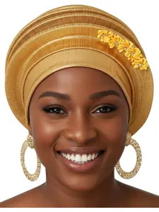 Women Auto Gele Headwraps Gold Flower African Turban Pre Tied Beanie Caps Headwear Premium Headwear