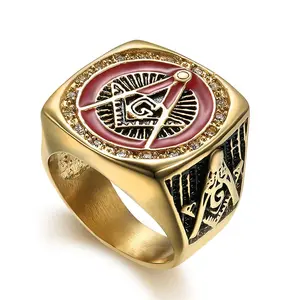 Men's Stainless Steel Ring - Exaggerated Hip Hop Domineering Design, Synthetic Zircon, Red Dripping Oil, AG Letter Pattern, Geometric, Iced Out Witchy Jewelry for Daily Wear & Party Banquet