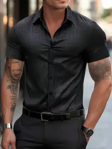 Men's Dark Pattern Short Sleeve Shirt, Casual Button Collared, Business Casual Versatile Style, Fashionable Summer & Fall Wear, Button Closure Design
