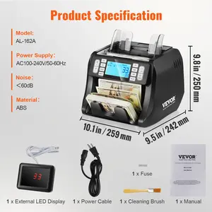 VEVOR Money Counter Machine, Bill Counter with UV, MG, IR and DD Counterfeit Detection, USD EUR Cash Counting Machine with Add and Batch Modes, Large LCD External Display